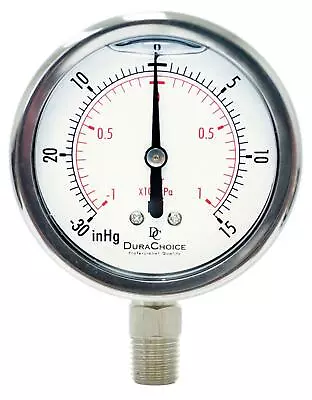 $13.04 • Buy 2-1/2  Vacuum Pressure Gauge - S.S. Case, 1/4 NPT, Lower Mnt. -30HG/15PSI
