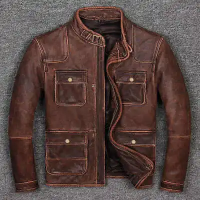 Mens Biker Cafe Racer Vintage Motorcycle Distressed Brown Cowhide Leather Jacket • $22.77