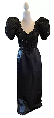 Mike Benet Formals 80s Vintage Black Column Puff Sleeve Sequin Long Dress Gown • $99
