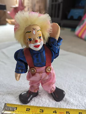 Vintage Hobo Clown Doll 7  Ceramic Blond Hair Art Figure Circus Pink Blue Suit • $5