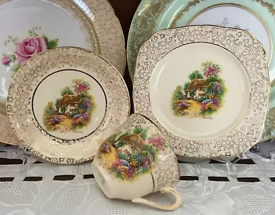 Vintage H&k Tunstall Made In England 'homestead' Gold Chintz Trio C1940's • $35