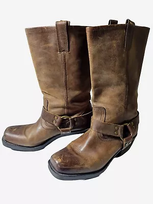 Mossimo Supply Womens Moto Harness Boots Size 9 Brown Leather Distressed Biker • $49.99