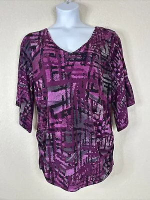 Miss Tina Stretch V-neck Blouse Women Size XL Purple Abstract Tunic Flowy Sleeve • $11.20