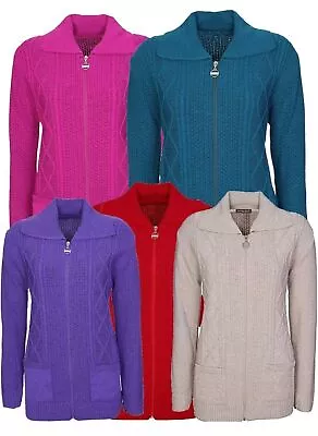 Zip Cardigan For Womens Zipped Cable Knit Long Sleeve Jumper Ladies Size 10-24 • £15.99