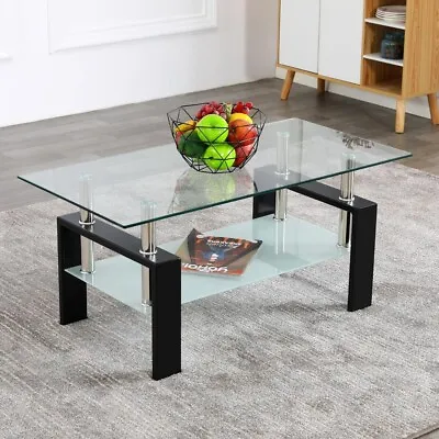 Uenjoy Rectangular Glass Coffee Table Shelf Chrome Black Wood Living Room Furnit • $150.87