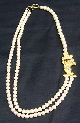 Vintage Disney Large Mickey Mouse Gold Top Hat Faux Pearl Double Strand Necklace • $149.99