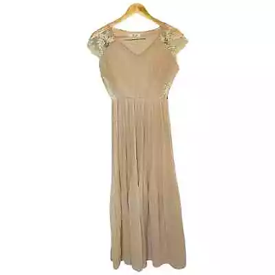 Vintage H & B Blush Nude Lace Cap Sleeve Pleated Chiffon Maxi Dress Size Small • $39.99