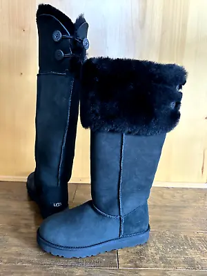 Brand New Ugg Over The Knee Bailey Button Boots 8 Black Hologram Fur New W Tags • $339