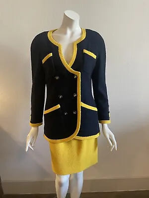 Chanel Vintage 80s Yellow And Navy Blue Skirt Suit Size 38 • $3750