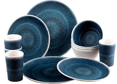 Reusable Quality Melamine Plastic Dinner Set Plates Bowls Cups 16 Piece - Blue • £39.99