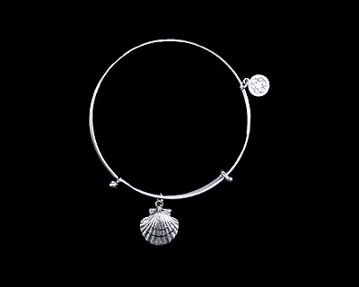 Silver Scallop Shell Adjustable Wire Bracelet Pewter Steel Rhodium • $17