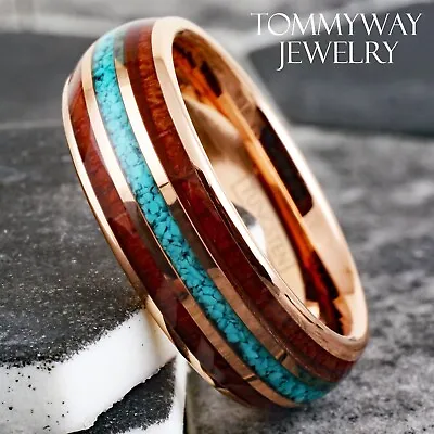 8mm Rose Gold Plated Tungsten Crushed Turquoise & Wood Men's Wedding Band Ring • $17.99