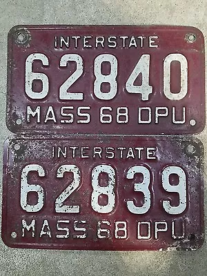 Vintage INTERSTATE MASS 68 DPU  MOTOR CYCLE License Plate Set Pair • $69.99