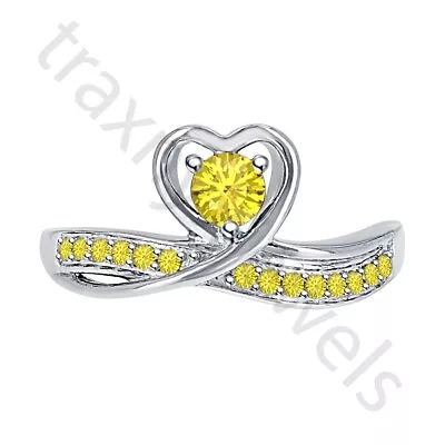 0.80 Ctw Lab Created Yellow Sapphire 14K White Gold Over Heart Engagement Ring • $53.55