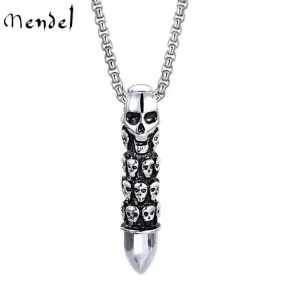 MENDEL Cool Mens Boys Stainless Steel Biker Punk Skull Bullet Pendant Necklace • $11.99