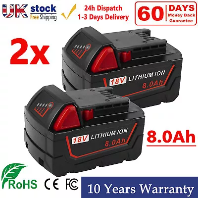 2X 8.0AH For Milwaukee 18V Battery For M18  Extended Capacity Lithium 48-11-1852 • £36.99