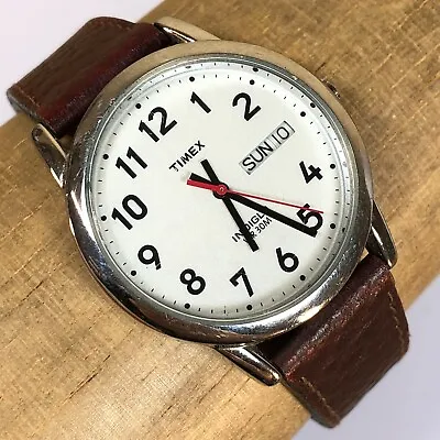 Timex T20041 Men's Easy Reader Brown Leather Watch Indiglo-New Battery • $21.26