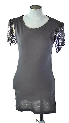 Top Chainmail Sleeve Unusual Vie Ta Vie Y2K Gothic Cotton Black Stretch Tee S • £12.99