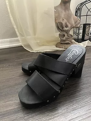 VTG Y2K Candie's Size 8 Wooden Heel Chunky Platform Black Leather Sandal Shoes • $20.99