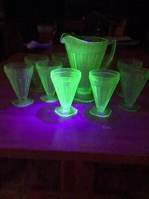 Vintage Vaseline Uranium Glass Pitcher & 9 Sherbert/Parfait Cups • $120