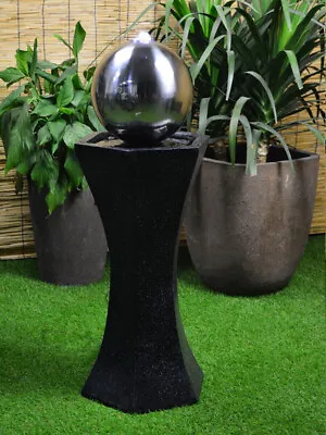 Solar Power Black Pedestal With Steel Sphere Water Feature Battery Led & Charger • £199