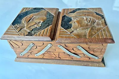 Antique Hand Carved Wooden Jewelry Box~Hinged Compartments~Peasant Man & Woman • $45