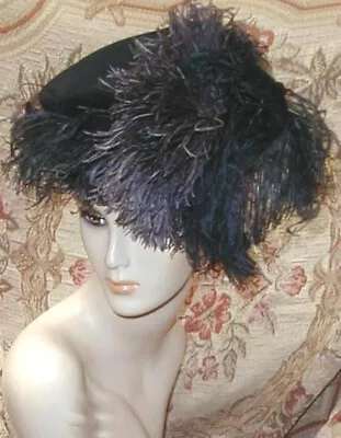 1940s TILT Hat W Grey & Black Ostrich Plumes STUDIO STYLES Caspar Davis W Strap • $34.70