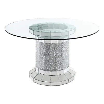 Maklaine Contemporary Cylinder Pedestal Glass Top Dining Table In Mirror • $1107.34