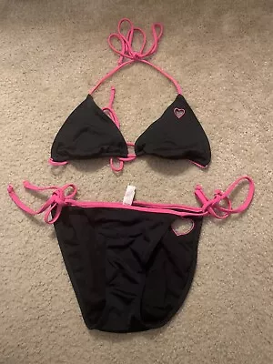 Victoria Secret Vintage String Bikini Swim Size S Small Black Pink Cutout Hearts • $29.99