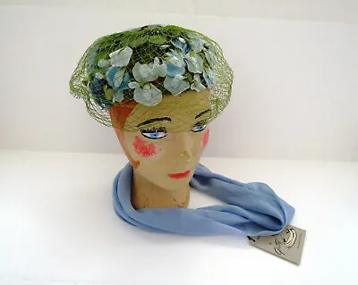 1950s Blue Petal Flower Hat By Filbert Orcel - Blue Flowers Green Leaves Easter • $38.99