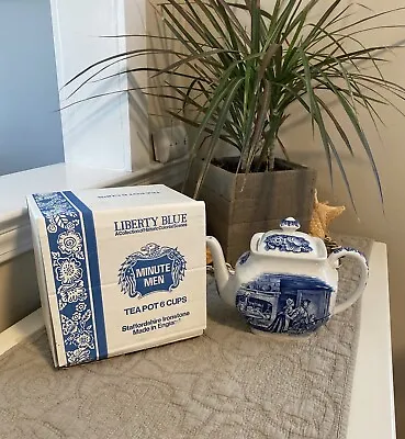 Vintage Staffordshire LIBERTY BLUE Minute Men 6-Cup Teapot W/ BOX • $109.99