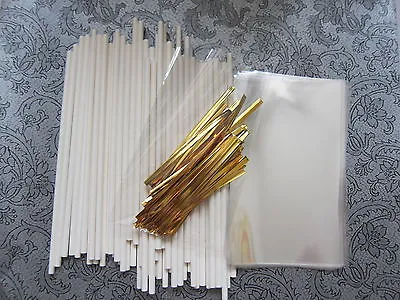 Cake Pop Kit - 6  Lollipop Sticks Cello Bags & Gold Ties • £4.96