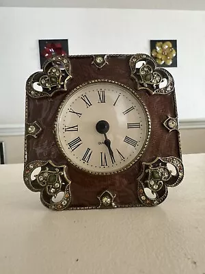 VTG Desk Clock With Heart Corners Amber Green & Clear Rhinestones Very Ornate • $39.95