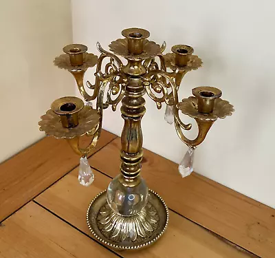 Candelabra 4 Arm Mini Taper Candle Holder Brass W/ Clear Crystals 11  Tall • $29.13