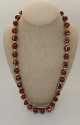 925 Venetian Rich Red Murano Art Glass Beaded Necklace 23 In 12 Mm • $90