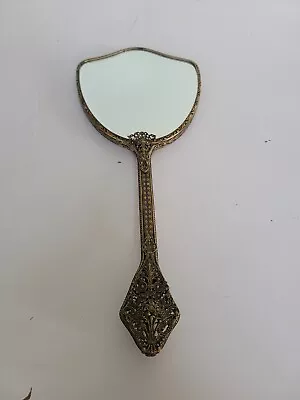 Large Floral Vintage Brass SS Hand Vanity Mirror 13.25  • $40