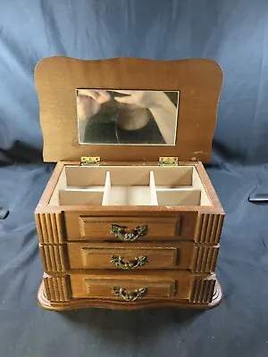 Vintage 2 Drawer Open Top Brown Wooden Jewelry Box Unique Holly Handles • $30