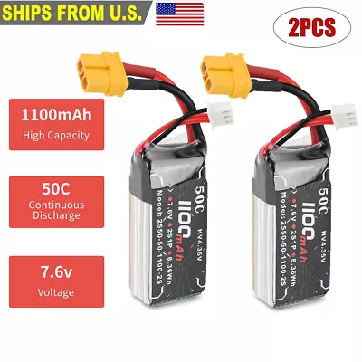 2Pcs 2S 7.6V 1100mAh 50C LiPo Battery XT60 Plug For RC Drone Car Boat Helicopter • $28.48