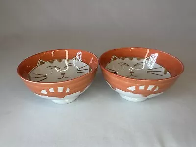 Cat Bowl Maneki Neko Lucky Happy Porcelain Orange Kitty Rice Cereal Desert Set 2 • $29.95