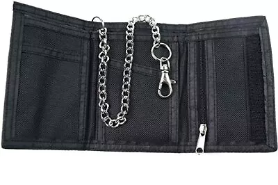 Mens Boys TriFold Slim Wallet With Security Chain Canvas Black Camo London UK • £3.99