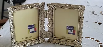 Vintage Double Picture Frame  White Washed Gold Metal Filigree 3.25  X 4.25 . • $14.99