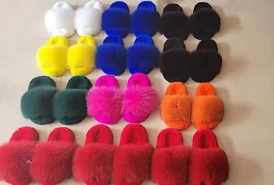 Women's Real Fox Fur Slides +Real Rabbit Fur Slippers Furry Summer Sandals Shoes • $15