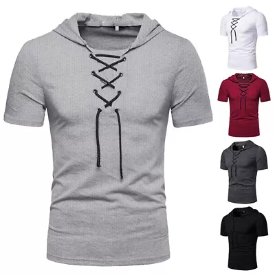 Men's Short Sleeve Hooded Sport T Shirt Summer Sportswear Top Hoodie Fitness New • $10.89