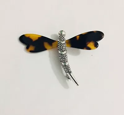 Vintage Napier Dragonfly Silver Tone Brooch Pin With Faux Tortoise Shell Wings • $12