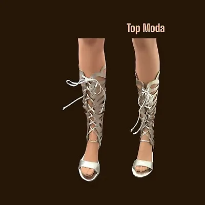 Top Moda Silver Women Lace Up Tall Zip Sz 6.5 Gladiator Egyptian Open Toe Sandal • $16