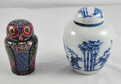 Vintage Lot Of 2 Asian Ginger Pot Wood Owl Pottery Ceramic Blue Boy   G6Y46 • $68