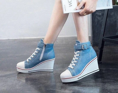 $23.99 • Buy Lady's High Top Wedge Heel Sneakers Women Pumps Lace Up Sport Canvas Shoes New