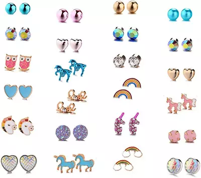 24 Pairs Hypoallergenic Girls Kids Stud Earring Set Unicorn Heart Mermaid Scales • $13.60