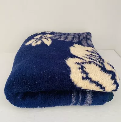 Vintage Mink Blanket Plush Navy And Cream Floral Reversible 160cm X 155cm Couch • $29.36