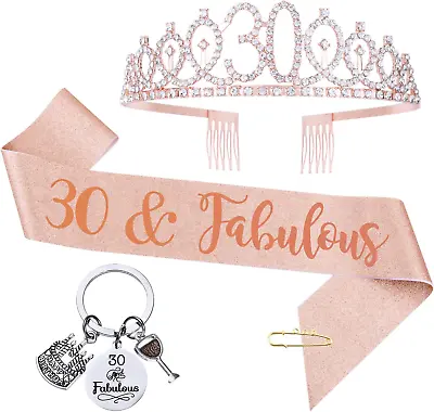 COLOFALLA 30th Birthday Sash And Tiara Crown Keychain For Women Rose Gold 30 And • £11.76